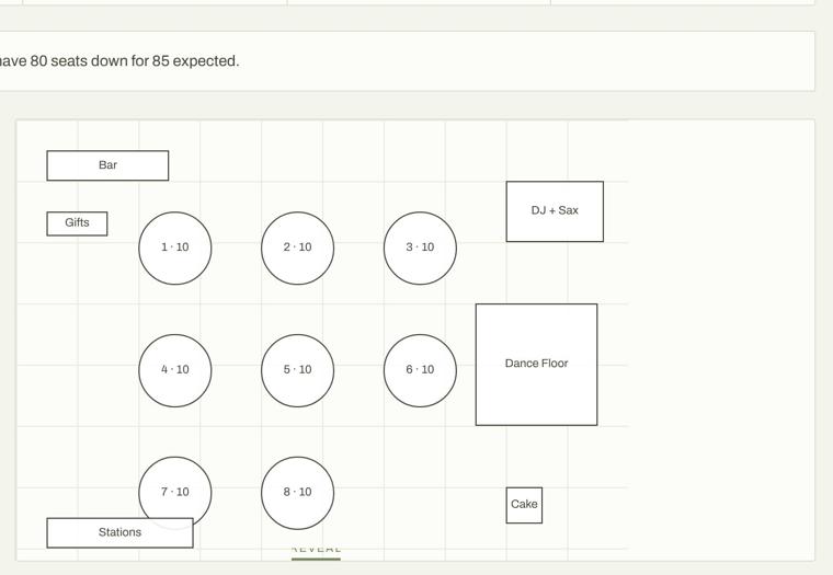 Floor plan builder with numbered tables and seat counts